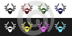 Set Deer antlers on shield icon isolated on black and white background. Hunting trophy on wall. Vector