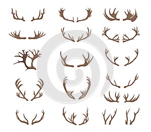 Set of deer antlers. Silhouettes of deers isolated on white background. Hand drawn vector illustration