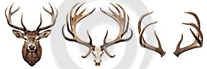 Set of deer head and antlers isolated on a white or transparent background close-up. Overlay of deer antlers for