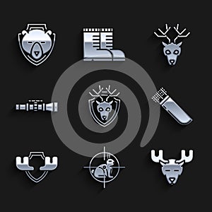 Set Deer head with antlers on shield, Hunt rabbit crosshairs, Moose horns, Quiver arrows, Sniper optical sight, and Bear