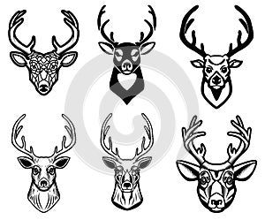 Set of deer head illustrations on white background. Design elements for poster, emblem, sign, badge.