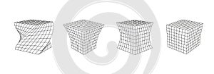 Set of deformed wireframe cube from different sides. Vector abstract geometric 3D objects. Technology block chain network