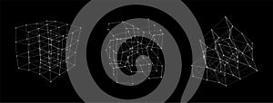 Set of deformed wireframe cube from different sides. Vector abstract geometric 3D objects. Technology block chain network