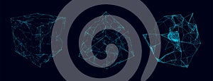 Set of deformed wireframe cube from different sides. Vector abstract geometric 3D objects. Technology block chain network