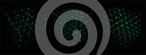 Set of deformed wireframe cube from different sides. Vector abstract geometric 3D objects. Technology block chain network