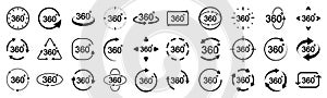 Set 360 degrees view sign, icons with arrows to indicate the rotation or panorama to 360 degrees - vector photo