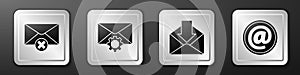 Set Delete envelope, Envelope setting, Envelope and Mail and e-mail icon. Silver square button. Vector