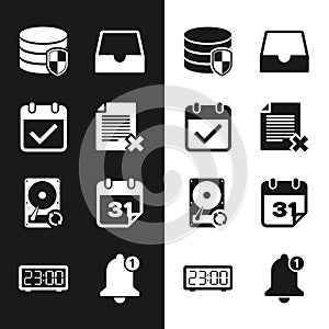 Set Delete file document, Calendar with check mark, Database protection, Social media inbox, Hard disk drive HDD sync