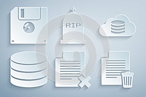 Set Delete file document, Cloud database, Database, , Tombstone with RIP written and Floppy disk icon. Vector