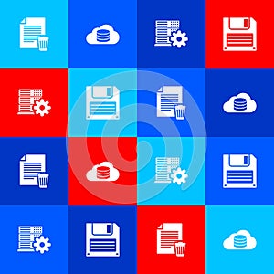 Set Delete file document, Cloud database, Server setting and Floppy disk icon. Vector