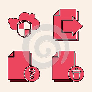 Set Delete file document, Cloud and shield, Next page arrow and Unknown document icon. Vector