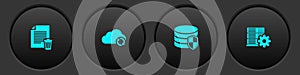 Set Delete file document, Cloud sync refresh, Database protection and Server setting icon. Vector