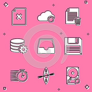 Set Delete file document, Cloud sync refresh, , Setting database server, Social media inbox and Floppy disk icon. Vector