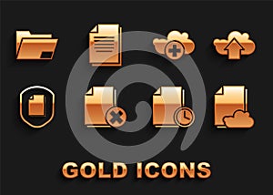 Set Delete file document, Cloud upload, storage text, Document with clock, protection concept, Add cloud, folder and