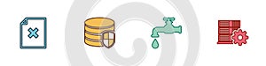 Set Delete file document, Database protection, Water tap and Server setting icon. Vector