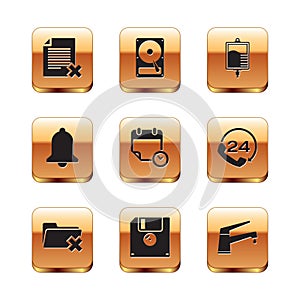 Set Delete file document, folder, Floppy disk, Calendar and clock, Ringing bell and IV bag icon. Vector