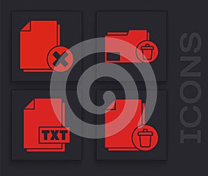 Set Delete file document, Delete file document, Delete folder and TXT file document icon. Vector