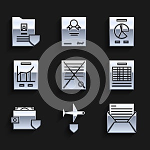Set Delete file document, Plane with shield, Mail and e-mail, Report, Wallet money, Document graph chart, and icon