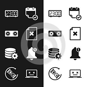 Set Delete file document, Stereo speaker, Digital alarm clock, Calendar with check mark, Setting database server and
