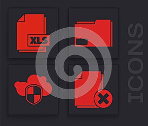 Set Delete file document, XLS file document, Document folder and Cloud and shield icon. Vector