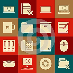 Set Delete folder, Computer mouse, Blank notebook and pen, Laptop, Document, Coffee cup, cross mark on screen and Carton