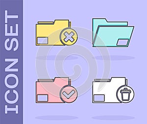 Set Delete folder, Delete folder, Document folder and check mark and Document folder icon. Vector