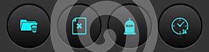 Set Delete folder, file document, Tombstone with RIP written and Clock 24 hours icon. Vector