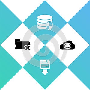 Set Delete folder, Floppy disk backup, Database protection and Cloud database icon. Vector