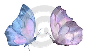 A set of delicate cute blue and lilac butterflies. Watercolor illustration isolated objects on a white background. For