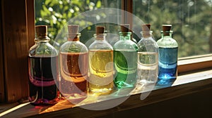 A set of delicate glass bottles each with a different colored liquid sit on a windowsill being kissed by the sun. These