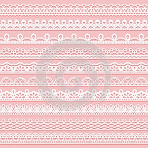 Set of delicate lace borders for design. White seamless ribbons on a pink background.