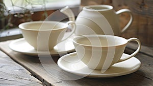 A set of delicate tea cups and saucers made from lightweight and durable porcelain paper clay.