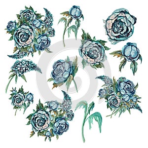 Set of delicate watercolor flowers. Roses peonies lilacs. Bouquets and individual flowers for decoration. Turquoise