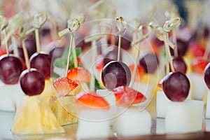 Set of delicious canapes with strawberry, pineapple, melon and grape.