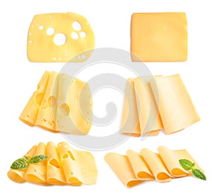 Set of delicious cheeses on white