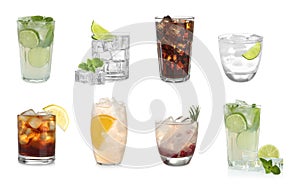 Set of delicious cocktails with ice cubes on white background