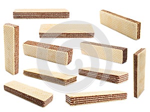 Set of delicious crispy wafers on white