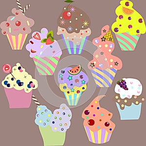 Set of delicious cupcakes, vector illustration of yummy muffins