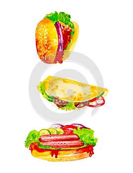 Set of delicious fresh hamburger,quesadilla and hot dog sausages with herbs,cucumbers and tomatoes. Watercolor illustrations