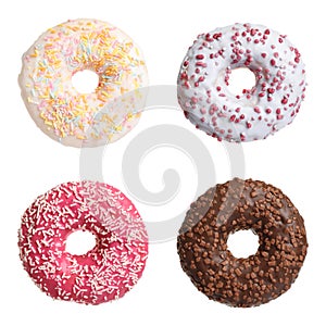 Set with delicious glazed donuts on background