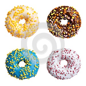 Set with delicious glazed donuts on background