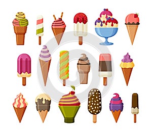 Set of delicious ice cream icons. Fruit, vanilla and chocolate flavors. Ice lolly, sundae in cone and eskimo. Vector