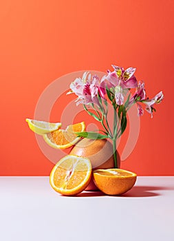 Set of delicious, juicy sliced oranges and lemon isolated over red background. Flower element