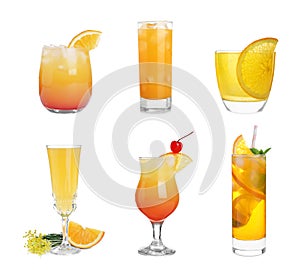 Set with delicious Mimosa cocktails on white background