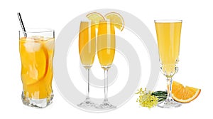 Set with delicious Mimosa cocktails on white background, banner design