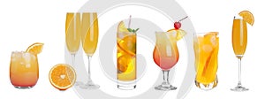Set with delicious Mimosa cocktails on white background, banner design