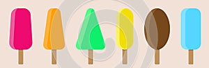 Set of delicious multi-colored fruit sweet ice cream on a wooden stick for the design of advertising posters for the manufacture