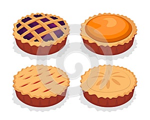 Set of delicious pies in cartoon style. Vector illustration homemade cakes with different fillings