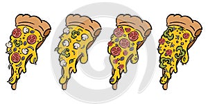 Set of delicious pizza slices with different ingredients. Cartoon flat illustration. Vector isolated