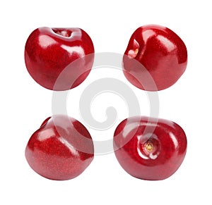 Set of delicious ripe sweet cherries on white